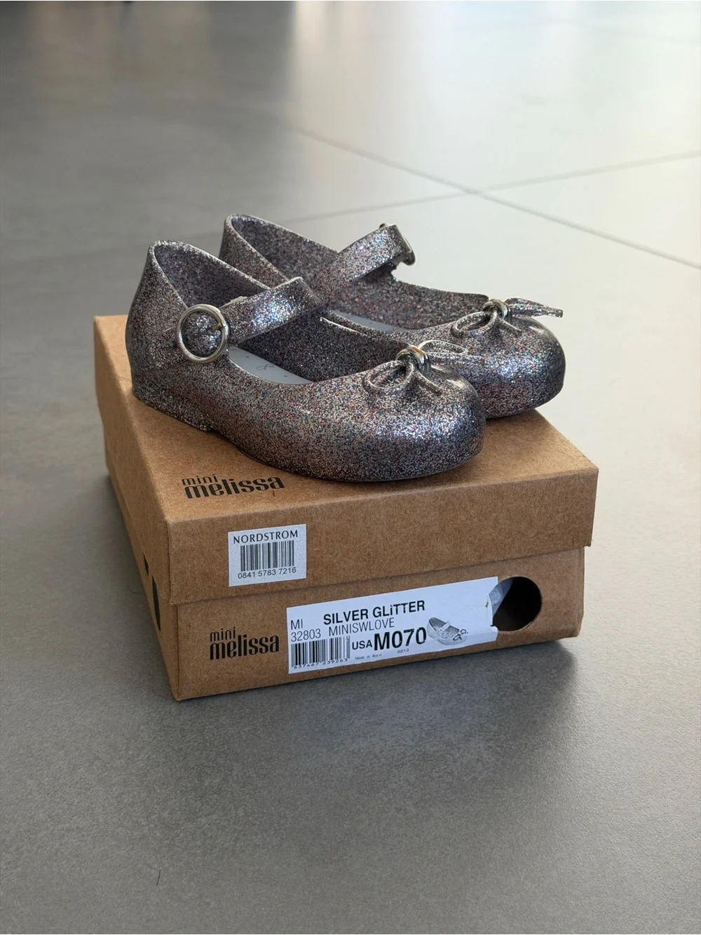 Mini Melissa Silver Glitter Mary Jane with Bow Accent 7